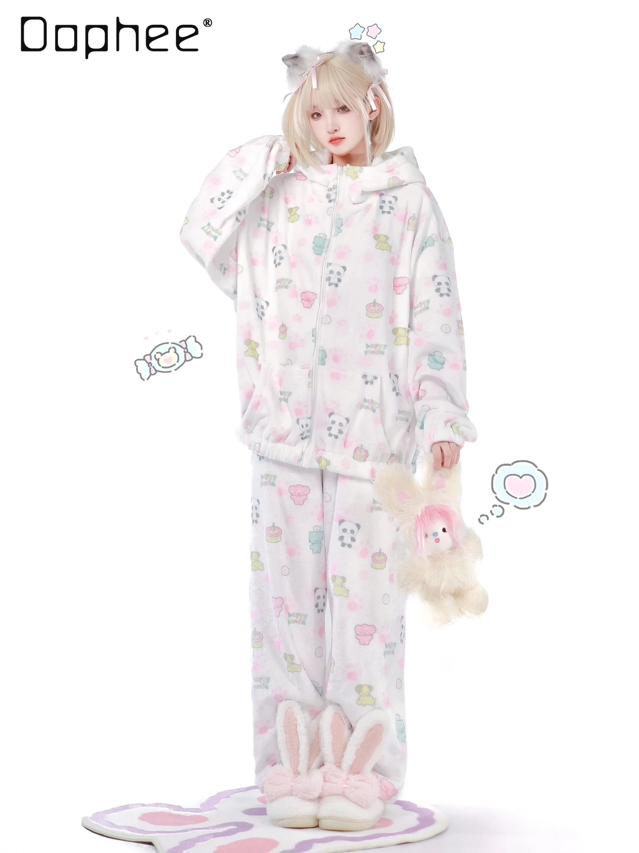 Flannel Cartoon Cute Panda Loungewear Hooded Zipper Long Sleeve Pockets Pajama Two Piece Sets 2024 Autumn and Winter New