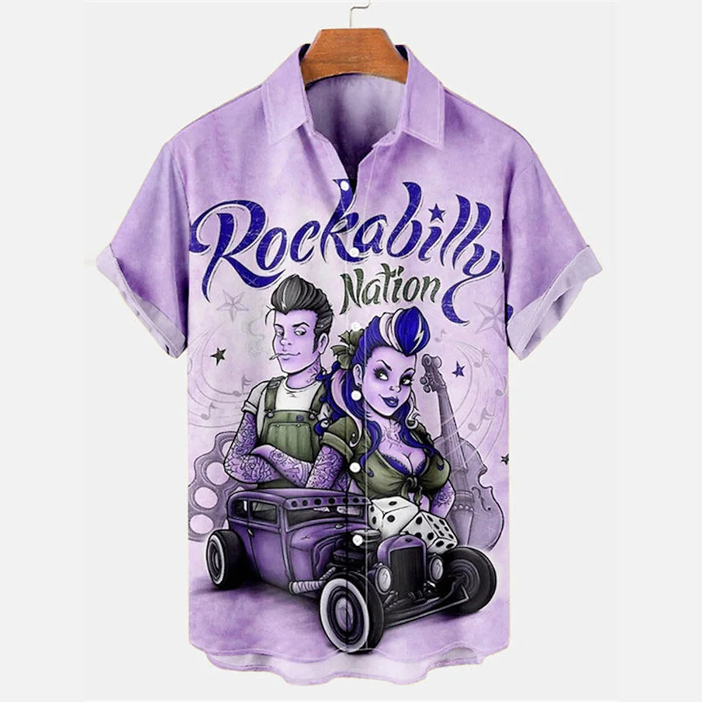 Hawaii Sexy Rock Hip Hop Style Men\'s Shirt Motorcycle Short Sleeve 3D Printed Loose Button Top Vintage Clothing Beachwear Casual