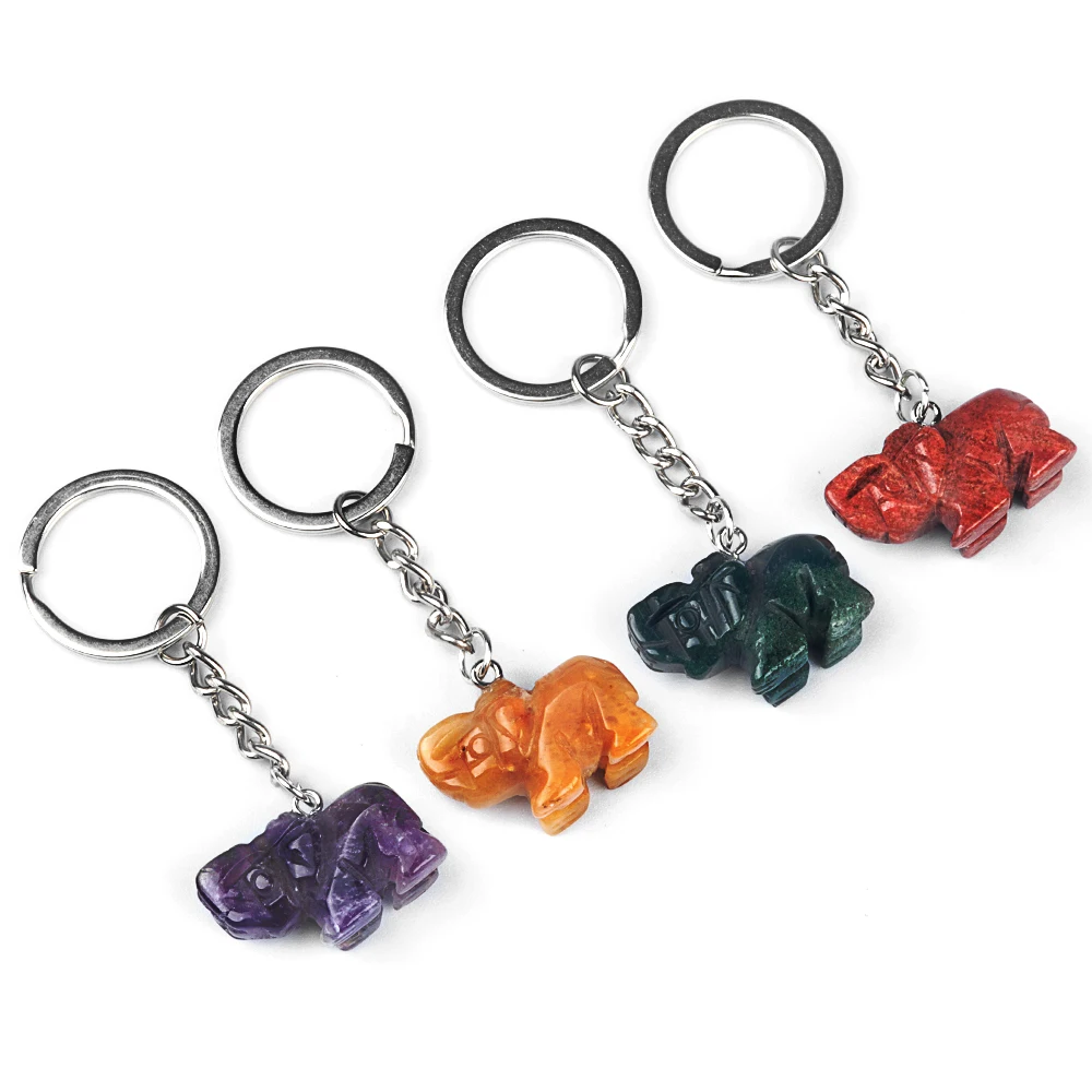 1 قطعة الحجر الطبيعي روز كوارتز جمشت سبج الفيل شكل قلادة سلاسل المفاتيح الفولاذ المقاوم للصدأ ملحقات السلسلة