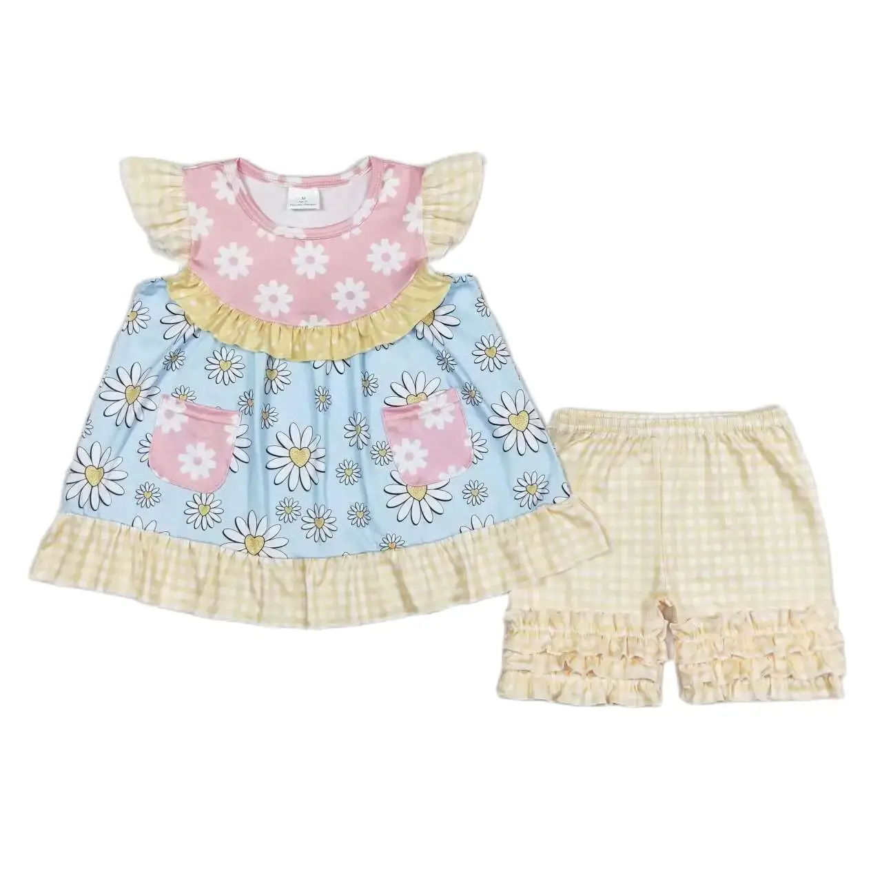 

GSSO1036 Kids Girls Summer Outfit Sets Flying Sleeves Top Flowers Pink Blue Print With Shorts Children Clothes