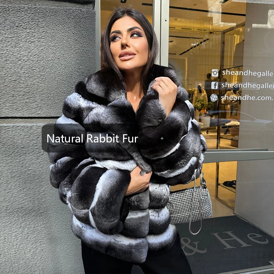 Woman Rabbit Coat Chinchilla Colored Fur Coats Women Winter Warm High Quality Fur Jackets Ladies Womens Clothing