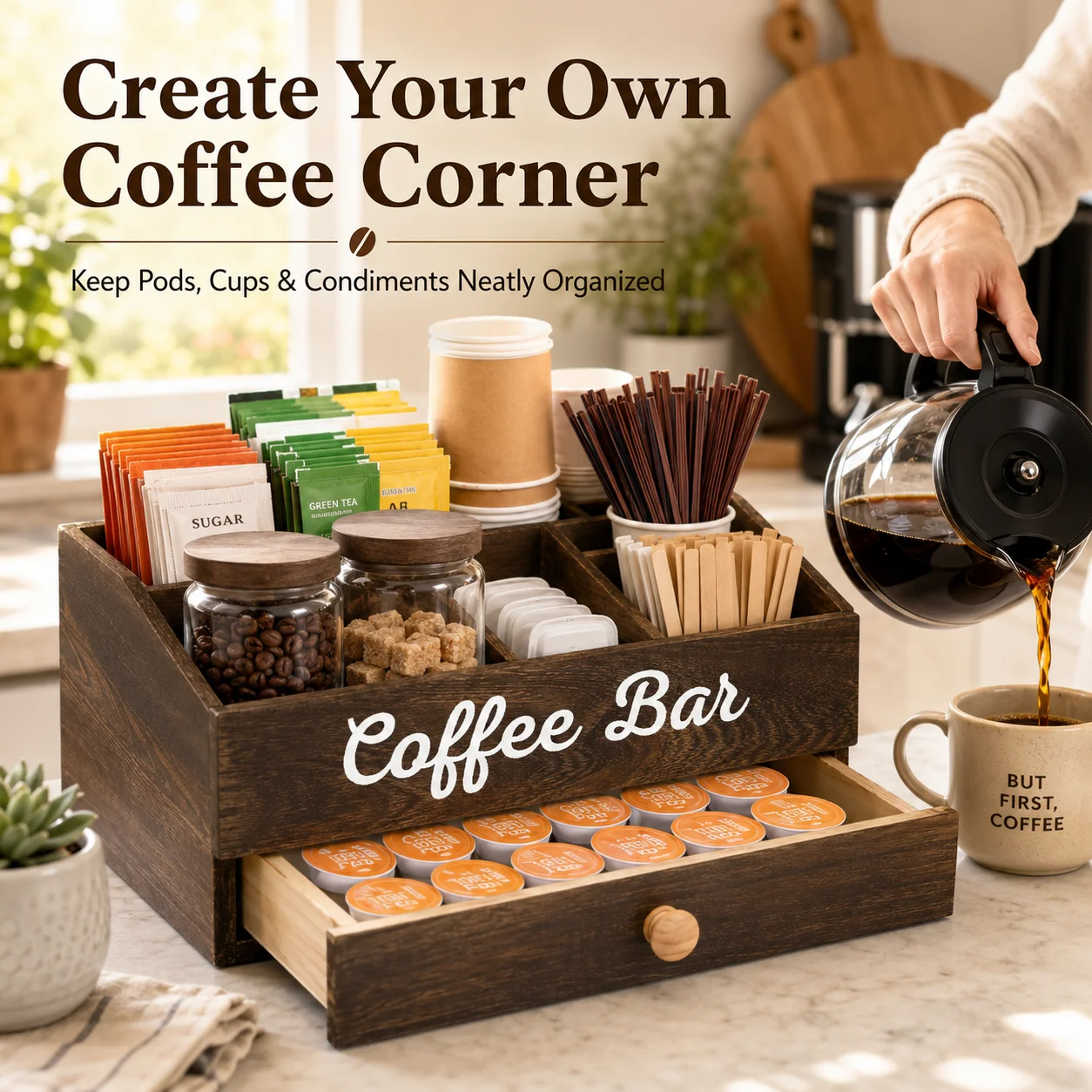 QA Rustic Wooden Coffee Bar Organizer Countertop Storage Caddy with Drawer for Coffee Pods Tea Bags Cups Stirrers Home Kitchen