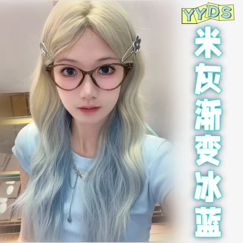 Wig female forehead lace long curly hair subculture platinum gradual change highlights blue medium points big waves full head