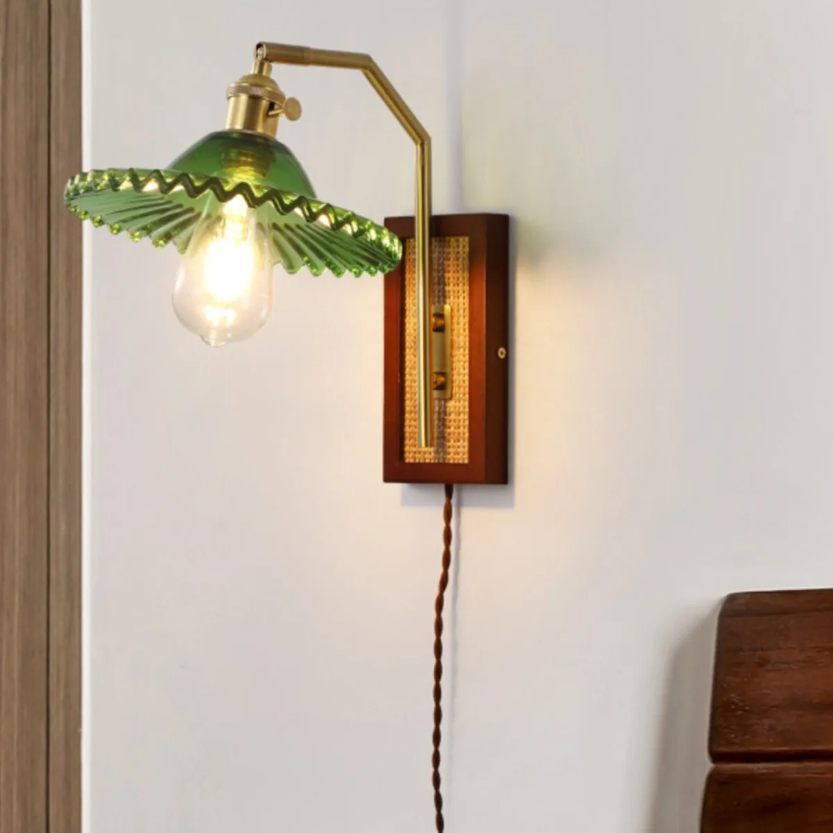 

Creative retro Nordic log copper bedside simple fashion multi-functional bedroom living room study industrial wind wall lamp