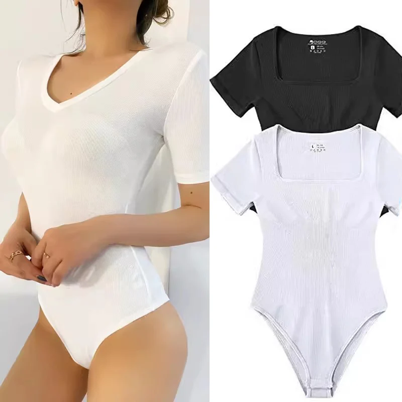 

Seamless Shaperwear Women's Bodysuits Sexy Ribbed One Piece Square Neck Short Sleeve Bodysuits Tummy Control Body Shapers Belly