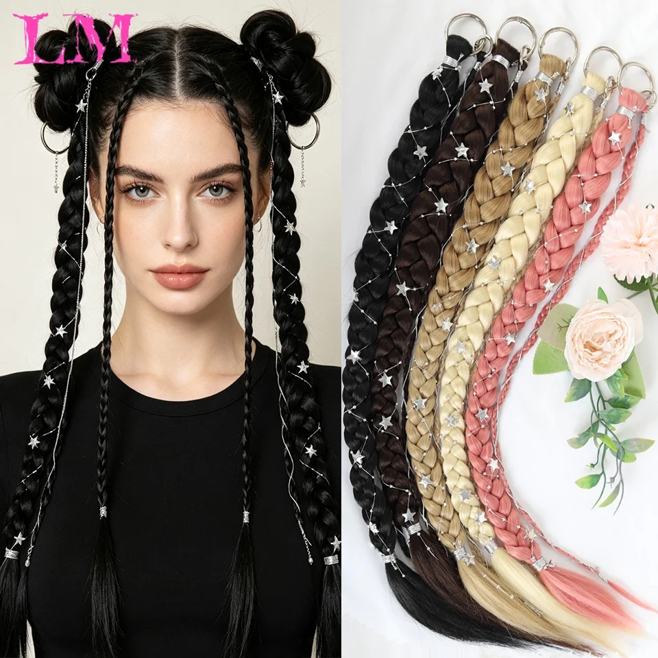 LM Synthetic Hair Braid with Star Silver Tinsel Key Ring Braids Hair Extension Women Fashion Festival Rave Party Decorative Hair
