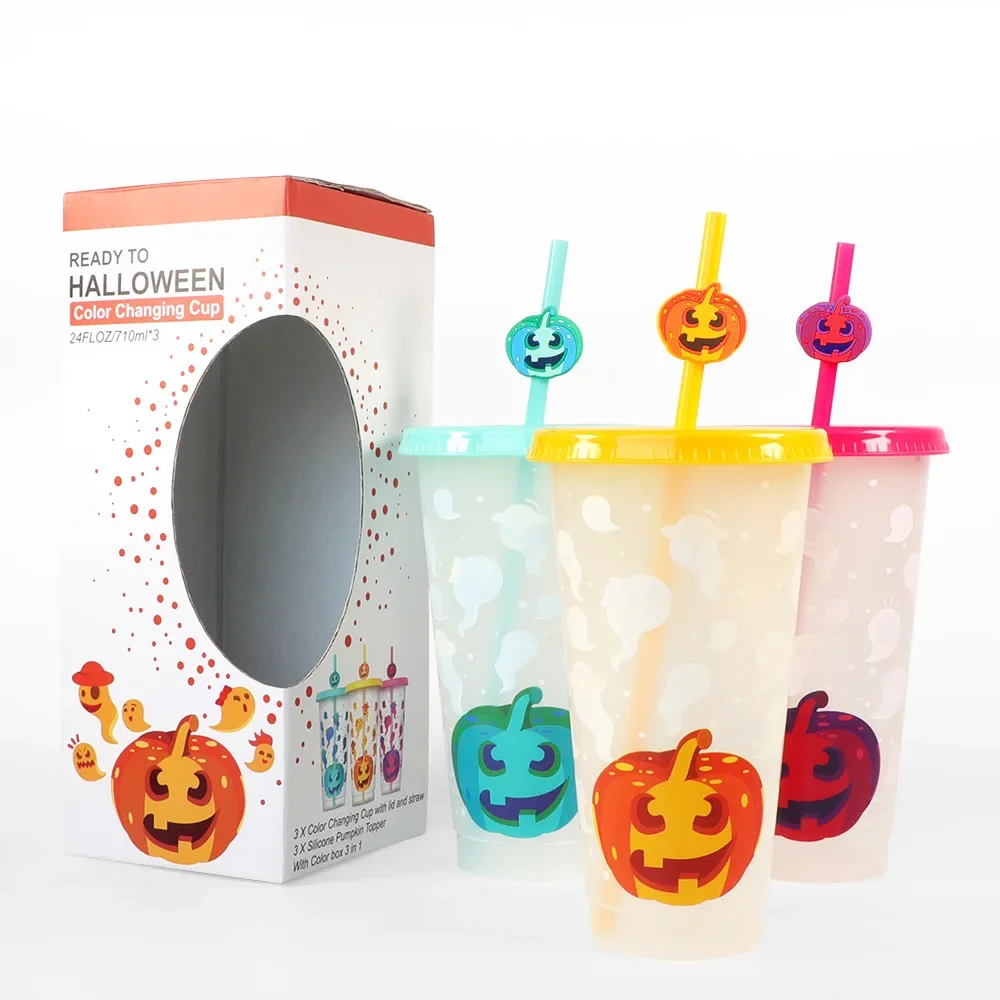 

Halloween Color Changing Cups with Lids and Straws, 3 Pack 24oz Reusable Cups with Lids and Straws for Halloween Party Favors