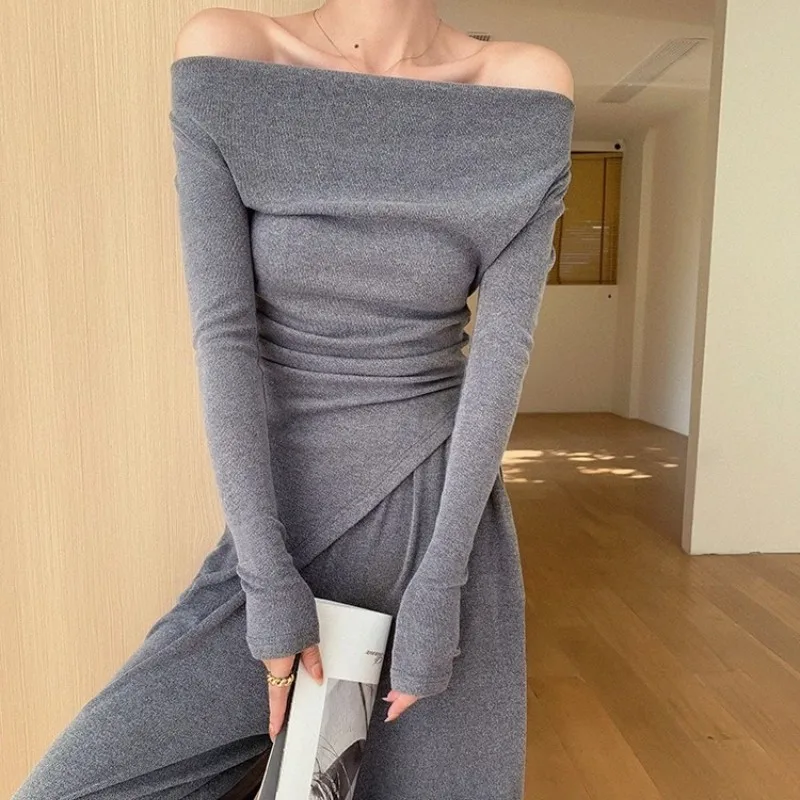 Knitted Fashion Set Women\'S 2023 Autumn/Winter Design Irregular Off Shoulder Long Sleeve Top+Elastic High Waist Wide Leg Pants