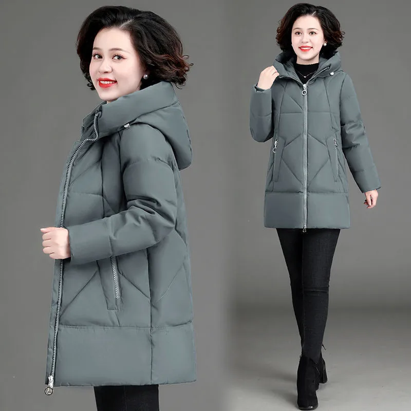 Middle-aged Mother Down Cotton Clothes 2022 New Women Parkas Winter Jacket Mid-Length Solid Color Hooded Padded Coat Thick Parke