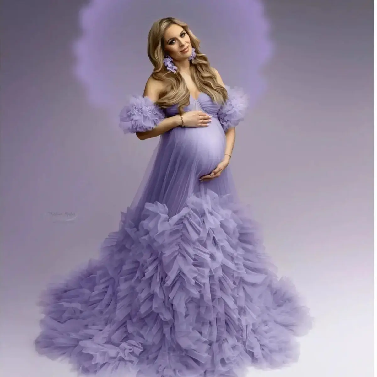 Illusion Maternity Dress for Photoshoot Pretty Lilac Purple Women Prom Dress Evening Party Gown Ruffles Pregnancy Babyshower