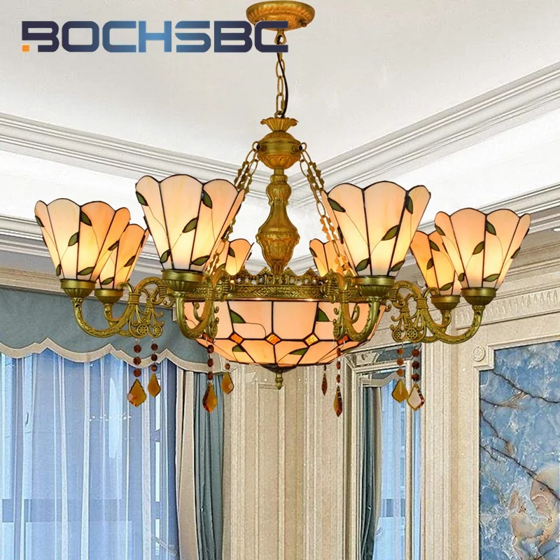 BOCHSBC Tiffany style stained glass Mediterranean leaves multi-head crystal Pendant lamp living room dining room hallway LEDdeco