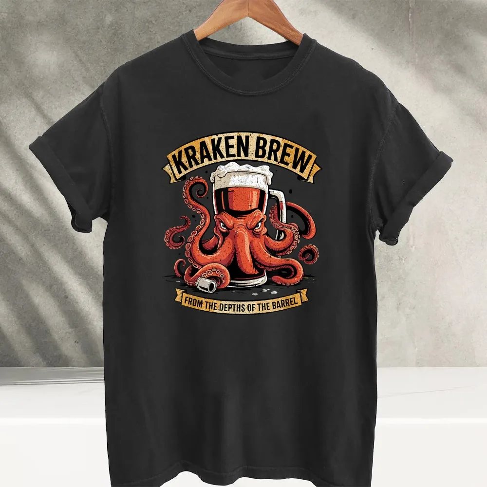 Kraken Brew Vintage Octopus Beer Mug Graphic T‑Shirt Crew Neck Retro Sea Monster Octopus Brewery Art Print Cotton Casual Tops