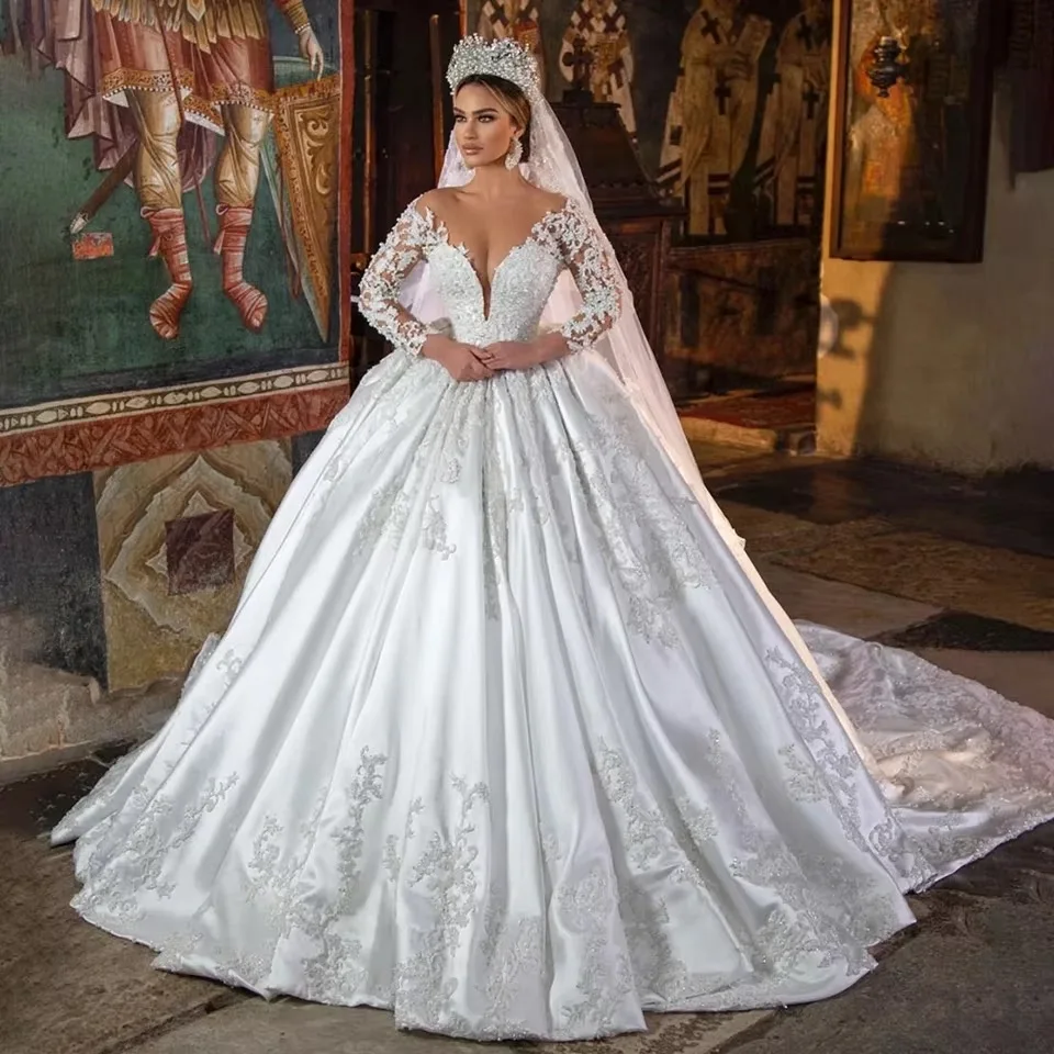 

Customize Luxury Princess Satin Ball Gown Wedding Dress Lace Pearls Beaded Sheer Neck White Bridal Gown Vestido De Novia