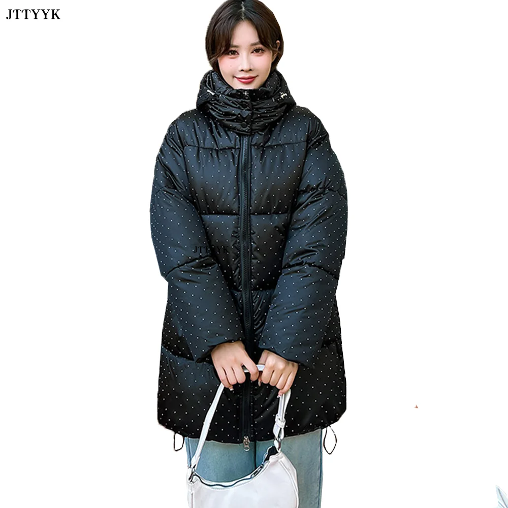 Hooded Large Jacket Winter Female Long Cotton Overcoat 2024 New Thicken Warm Parkas Dots Coats Women Clothes Loose Outerwear