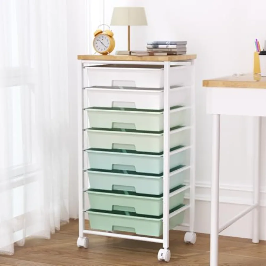

Тележка-органайзер на колесиках с 8 выдвижными ящиками, деревянной столешницей и блокируемыми колесами для хранения рукоделия в гостиной или офисе