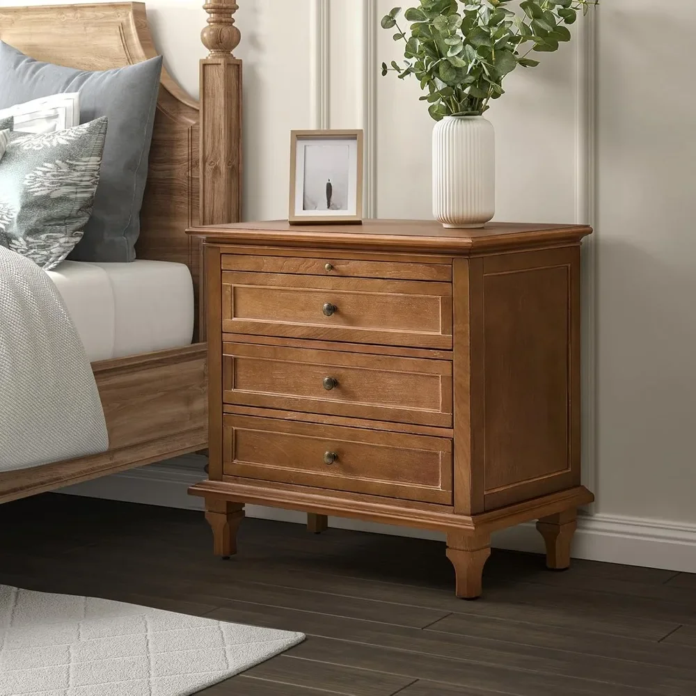 

Farmhouse 3 Drawer Nightstand with Charging Station, Drawer Organizer with Wood Legs, Nightstand with Pull-Out Shelf