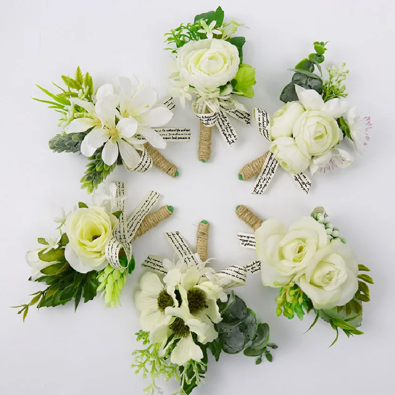 Bouton niere und Handgelenk Corsage Hochzeit liefert Bankett Gäste simuliert Blumen Braut und Bräutigam weiße Serie 181