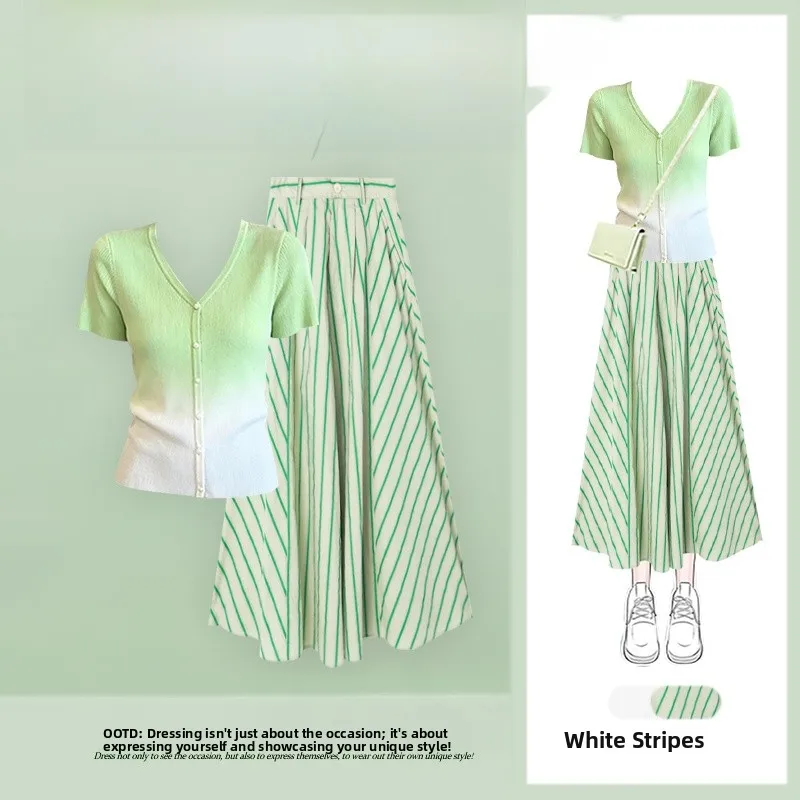 Summer Lazy Style Gradient Slimming Knitted Top And High Waist Stripe Skirt Two Piece Set Versatile Age Reducing Fashionable