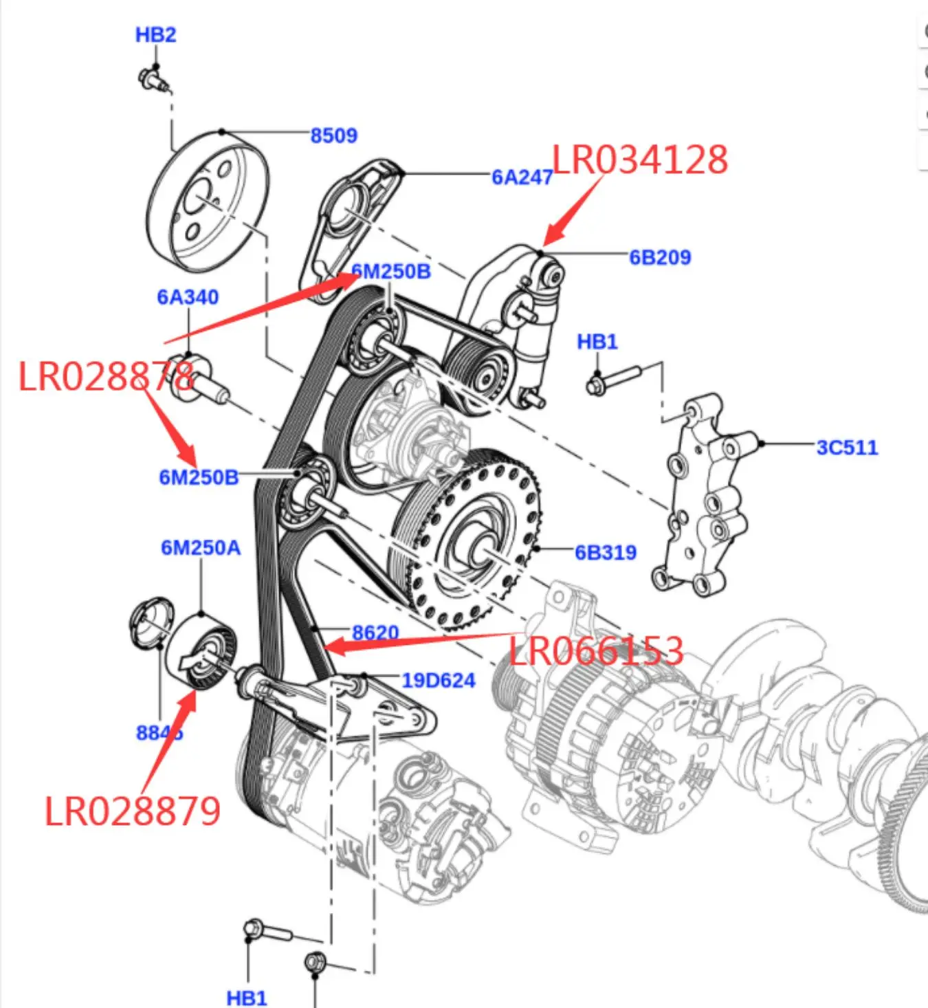 Freelander Range Rover evoque discovery sport belt tensioner lr034128 belt lr066153 belt idler upper lr028878 lower lr028879