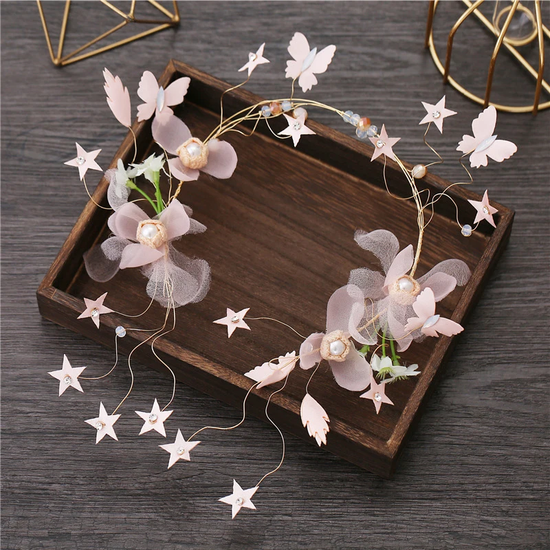 Fashion Pearl Flower Headband Bridal Wedding Crown Hair Accessories Purple Butterfly Hair Band Kids Hairband Headwear