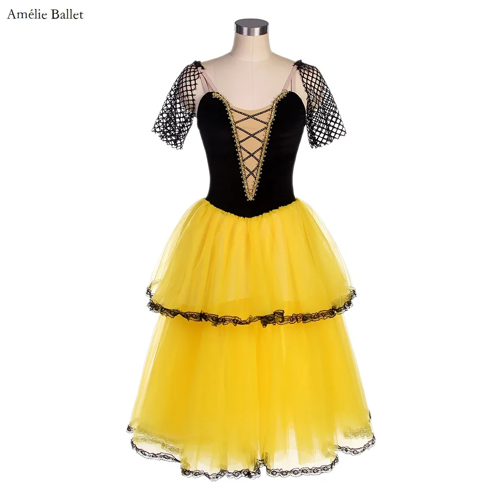 

22562 Mid-Sleeves Yellow Spanish Dress for Adult Girls Long Romantic Ballet Tutus Performance Tutu Costumes Ballerina Dresses