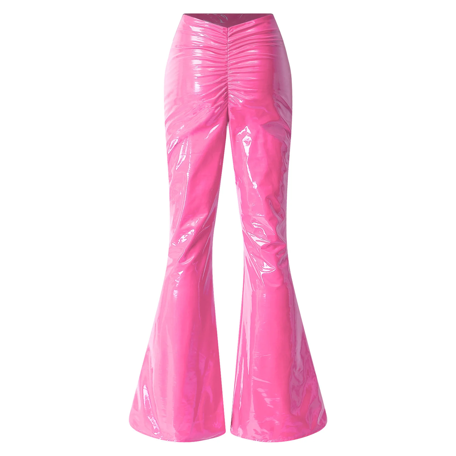 Women Glossy PU Leather Flared Pants High Waist Back Ruched V-shaped Bell Bottom Long Pants Wet Look Trousers for Nightclub