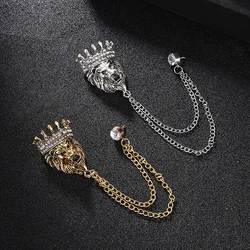 Luxury Lion Brooch for Men Crystal Rhinestone Shirt Collar Tassel Chain Lapel Brooches Pins Animal Fine Jewelry Accessoriess