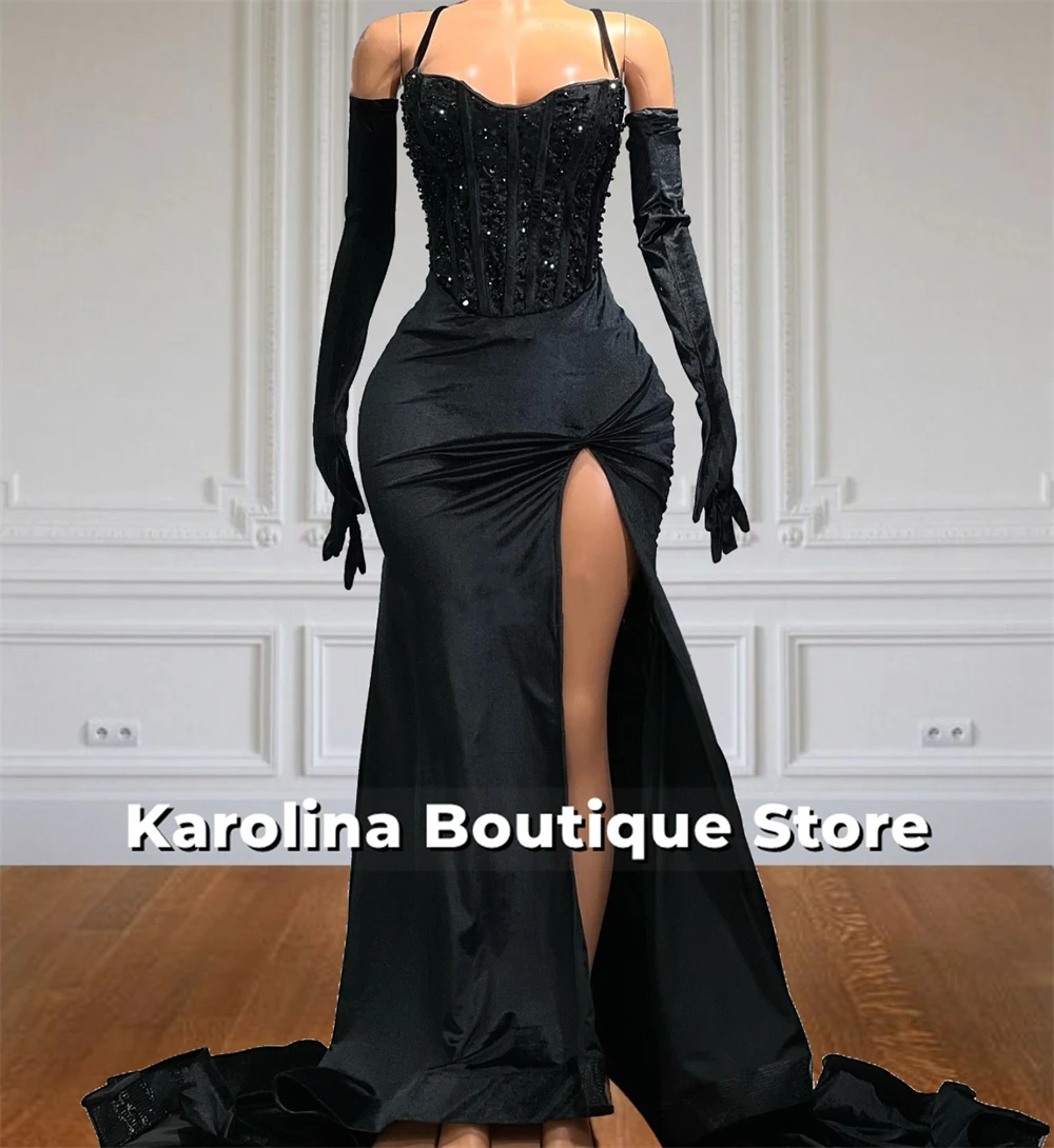 Vestido de noche negro elegante con cuello Halter para eventos especiales, cuentas de lujo, sirena dividida de cristal, vestidos de fiesta elegantes con guantes personalizados