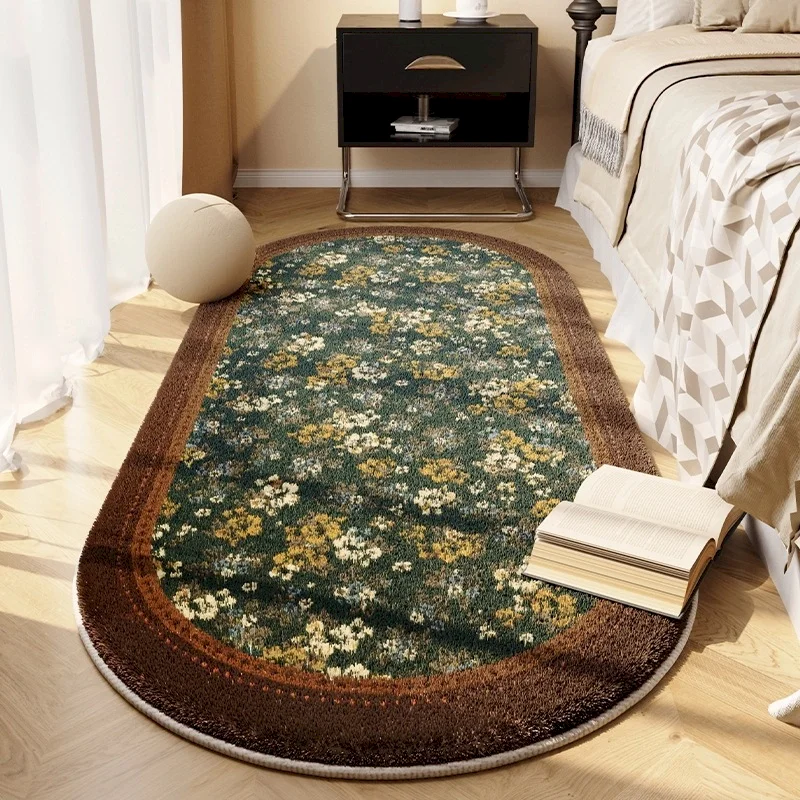 VIKAMA Retro Blumen-Oval Weicher Plüsch-Bettvorleger Rutschfest Waschbar Balkon Schlafzimmer Flur Teppich Heimdekoration
