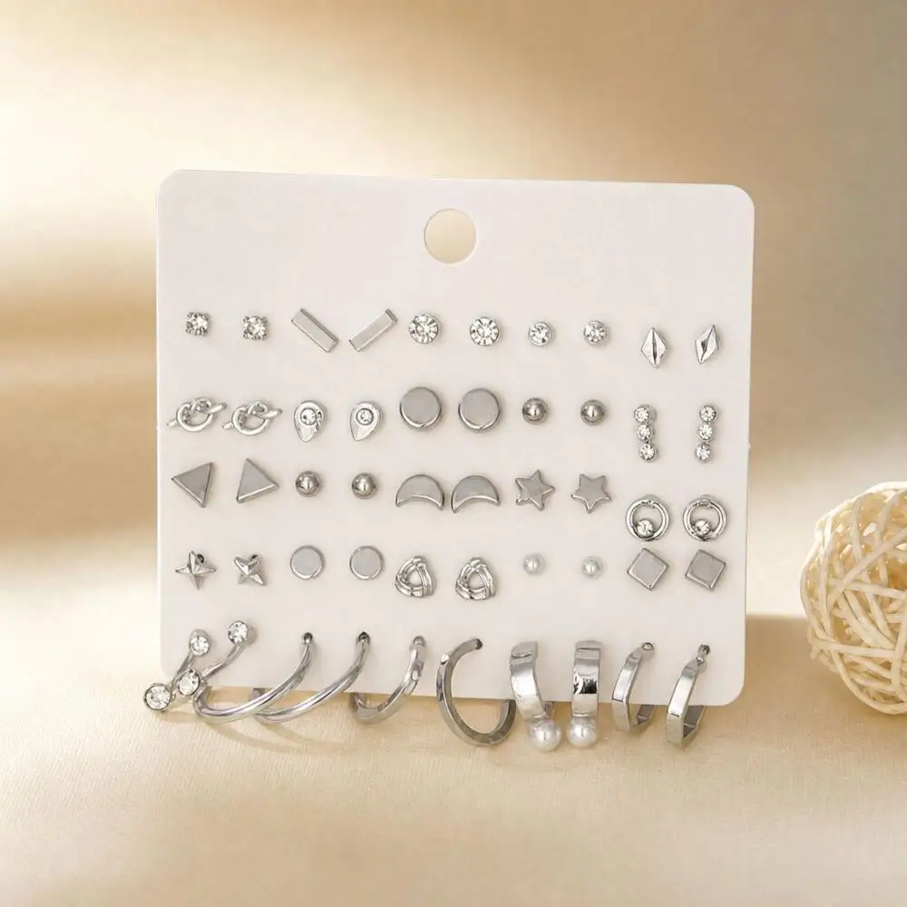 12/25Pairs Alloy Rhinestone Imitation Pearl Stud Earring Set, Star Moon Geometric Earrings, Dainty Fashion Earrings