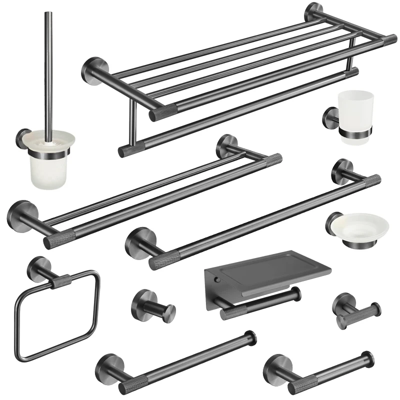 Grey Bathroom Hardware Set Accessories Kit Stainless Steel Round Wall Rack Hand Bar Toilet Roll Paper Holder Robe Towel Hook