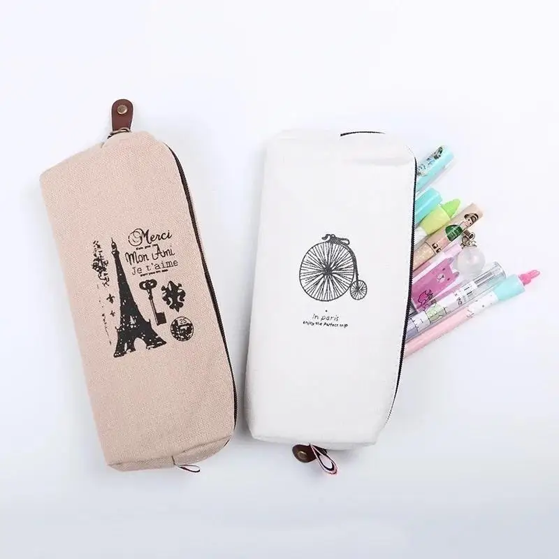Sac à crayons en lin rétro, 1/2 pièces, rangement de papeterie de Style Paris, fournitures scolaires et de bureau