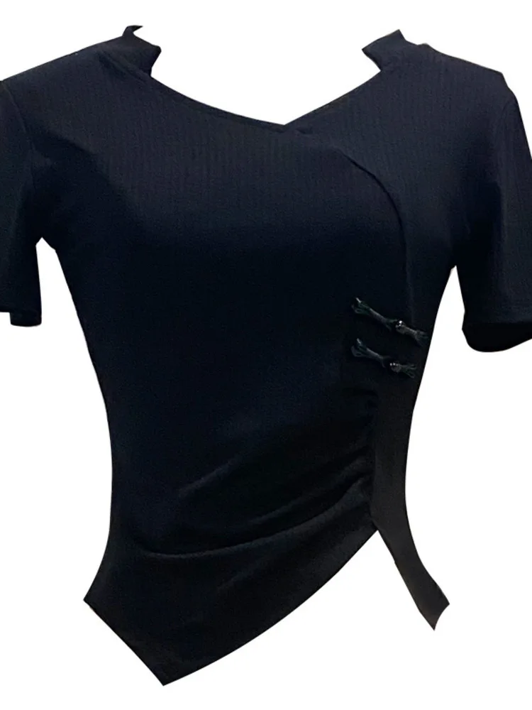 بلوزة بقصة ضيقة ورقبة مربعة بلون سادة مع فتحة غير متماثلة لأداء مرحلة الرقص الكلاسيكي والرقص الحديث بأكمام قصيرة