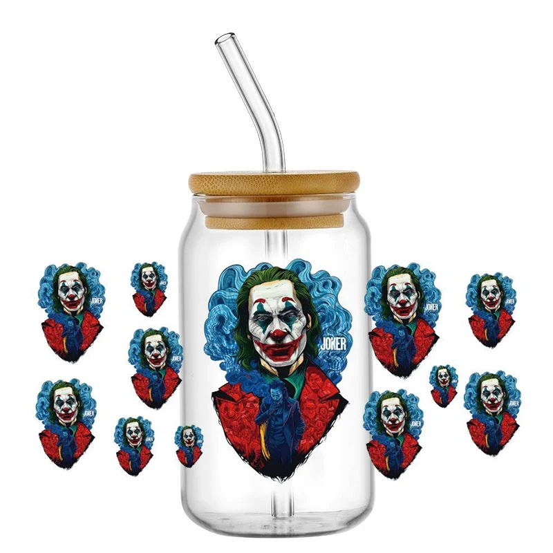 Joker Movie Cartoon UV DTF Transfer Sticker Clown For The 16oz Libbey Glasses Wraps Bottles Cup Sticker DIY Waterproof