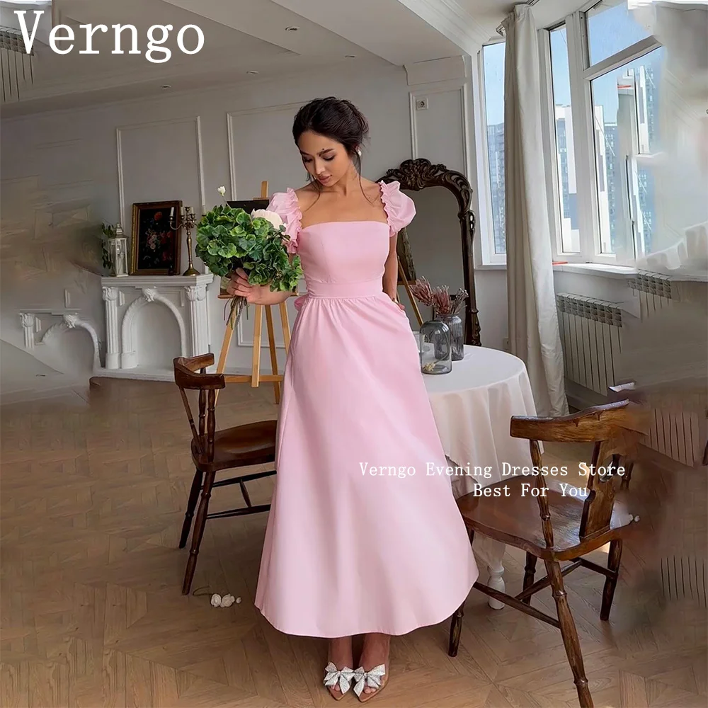 

Verngo Pine Short Puff Sleeves Prom Gown Square Collar A Line Party Dress Franch Ankle Length Formal Occasion Dress Outfit