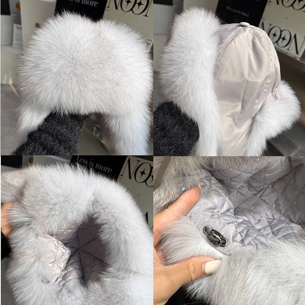 Natural Fox Fur Bomber Hats Winter Warm Women Flurfy Genuine Fox Fur Earfiap Caps Luxury Quality Russian Lady Real Fox Fur Hat