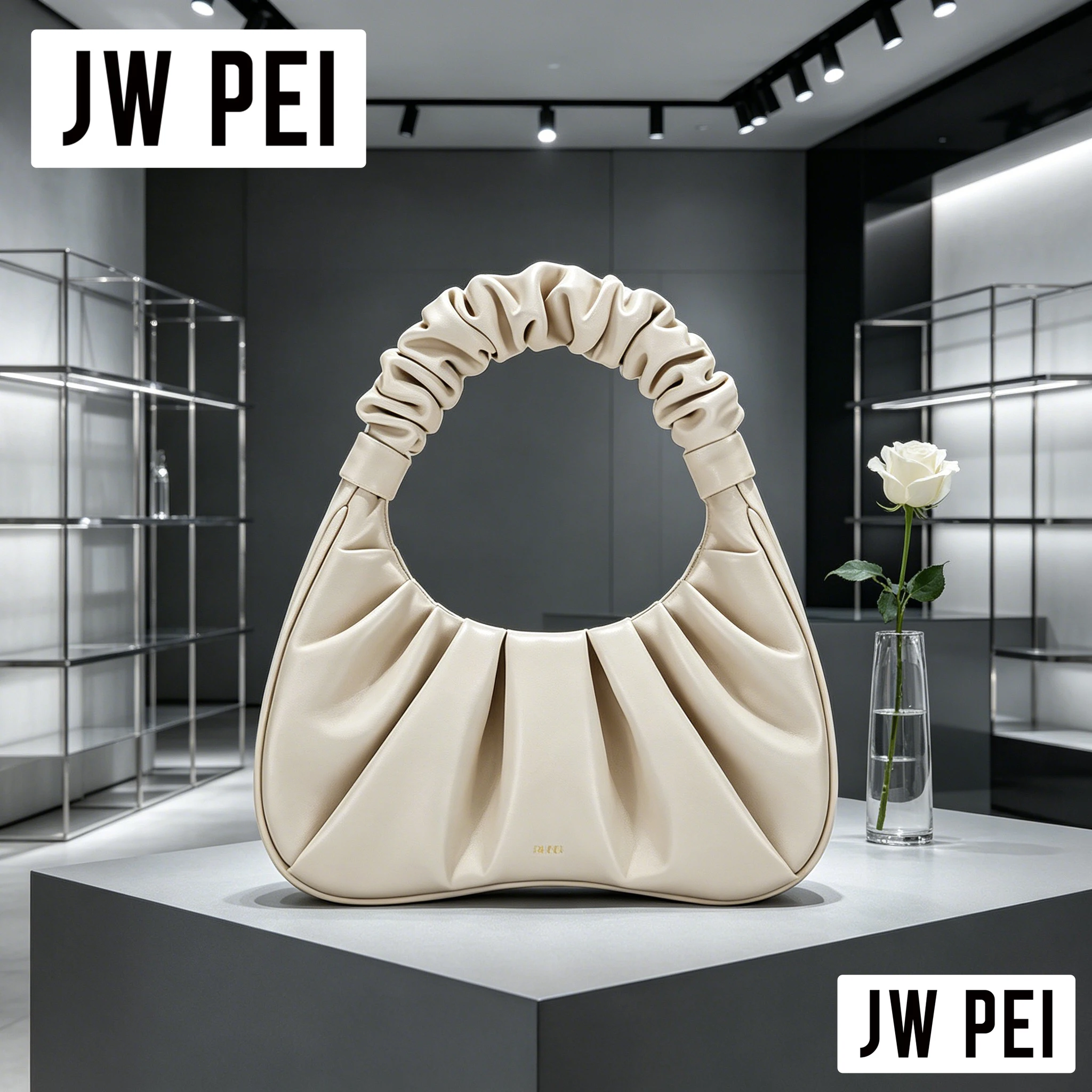 Neutral Tone JW PEI Ruched Cloud Underarm Bag Ladies Pleated Soft PU Leather Minimalist Daily Wear Shoulder Hand Purse