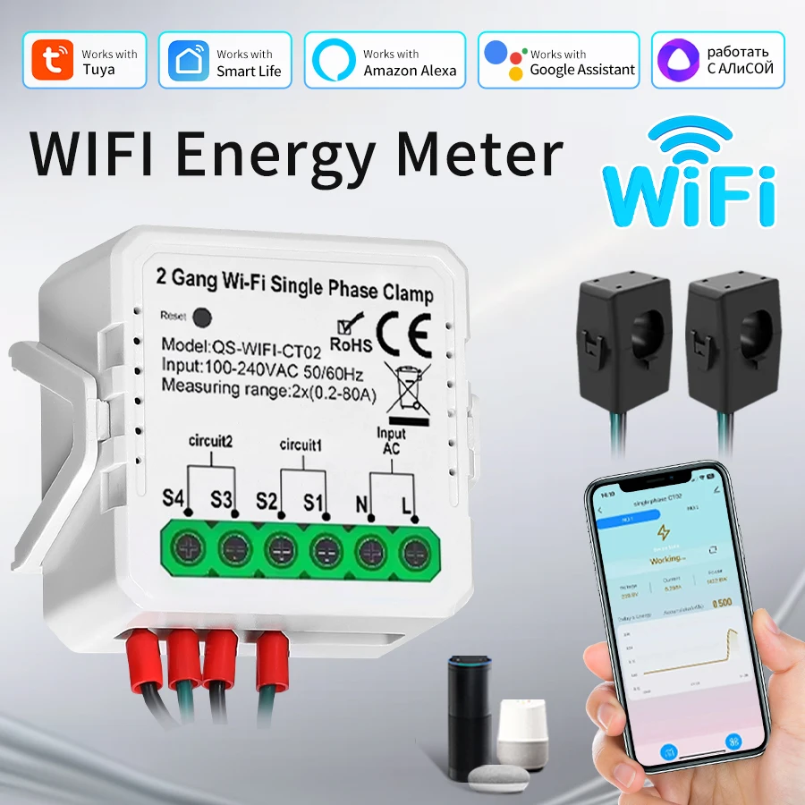 

Smart WiFi Current Transformer Clamp KWH Monitor 100-240V 80A 1/2CH Power Statistics Consumption Energy Meter Alexa Google Home