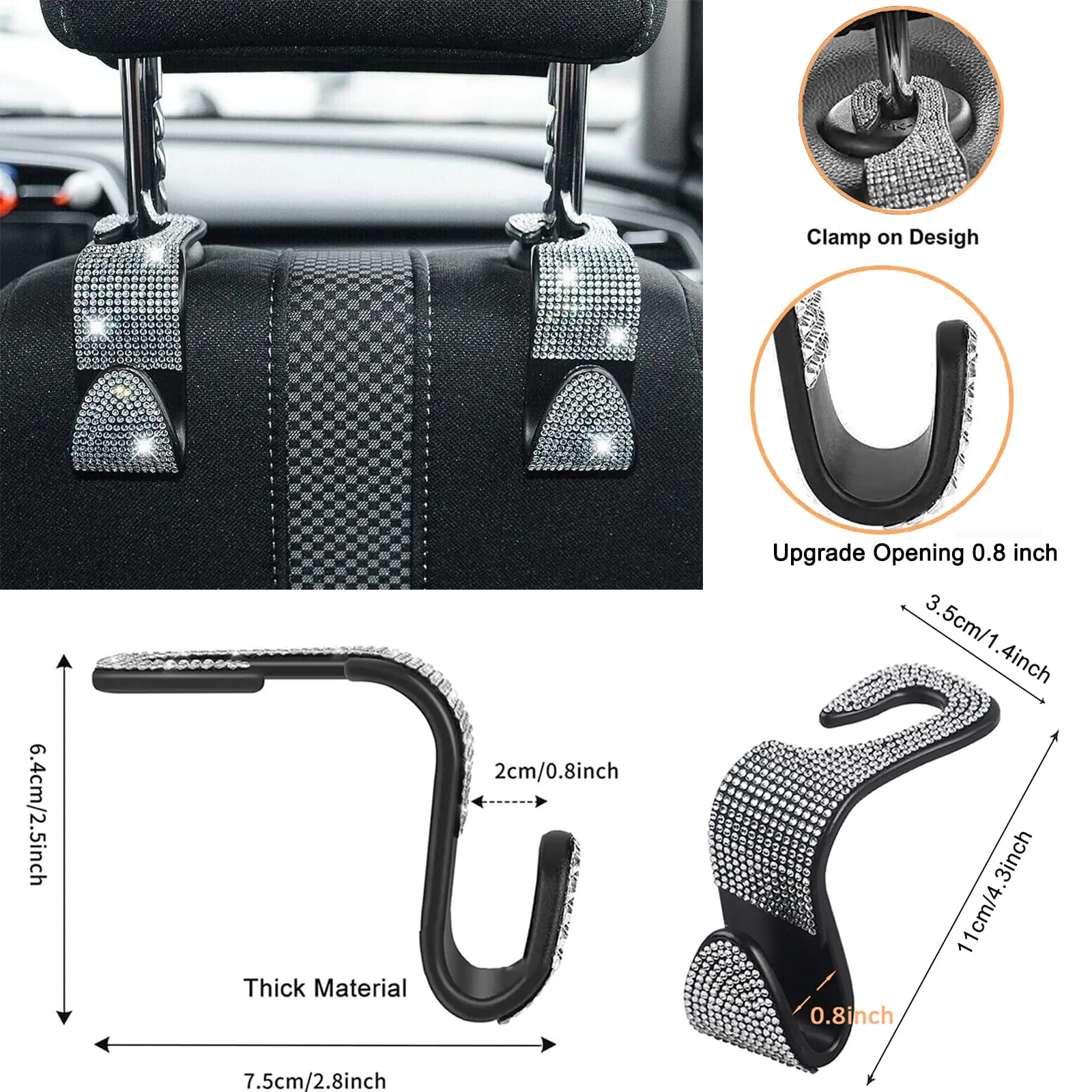 모조 다이아몬드 자동차 좌석 머리 받침 후크, 블링 뒷좌석 행어, 범용 자동 보관 정리함 후크, 자동차 인테리어 액세서리, 2 개