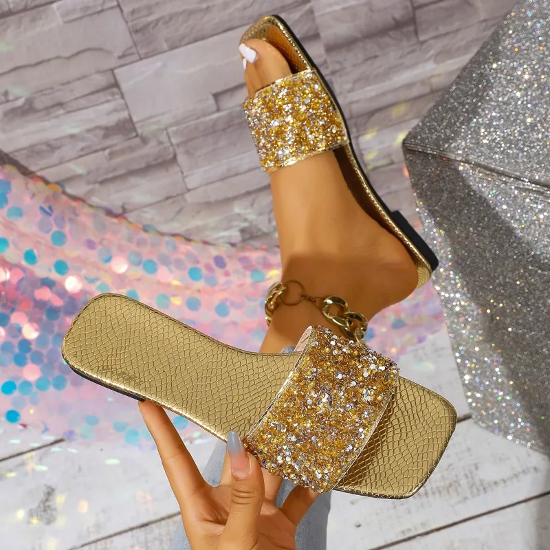 Женские модные сандалии на плоской подошве с блестками, лето 2024, уличные тапочки с открытым носком, женская обувь, большие размеры 43, обувь Zapatos De Mujer