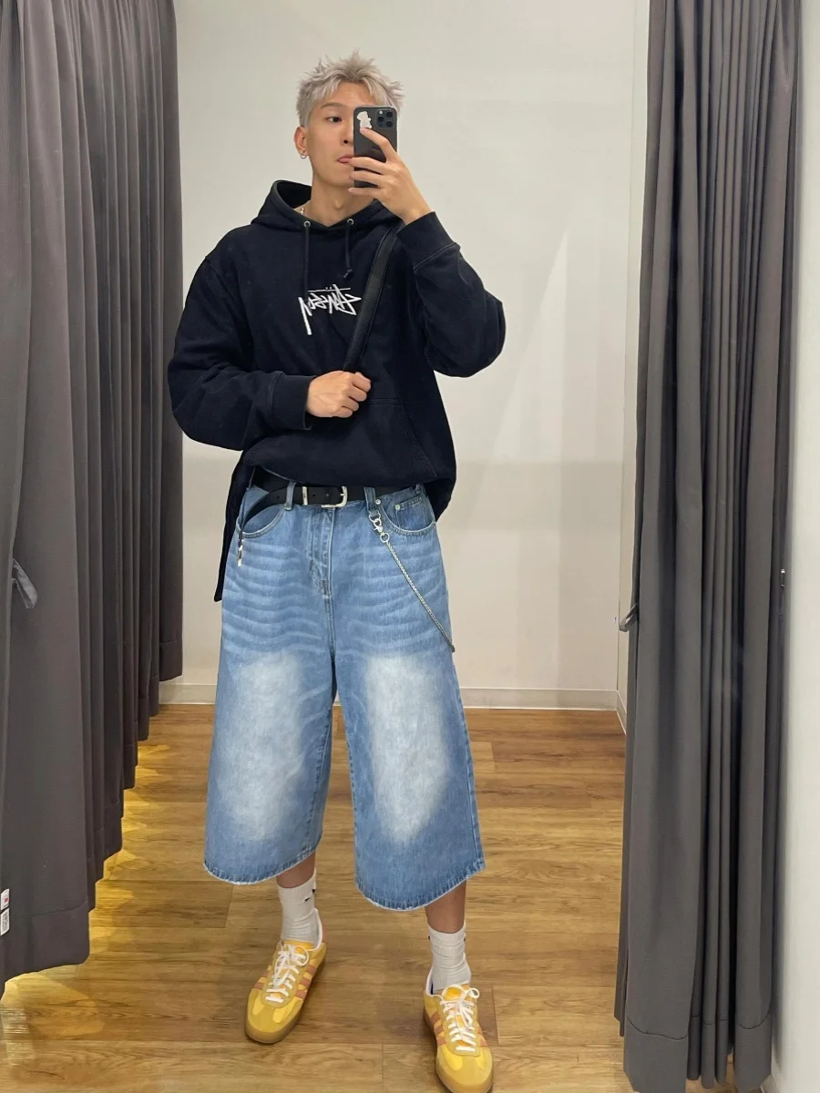 

Retro American Waed Light Blue Jeans orts Men's Loose Wide Leg 7/8 Length plus Size Casual Straight Cut Summer orts