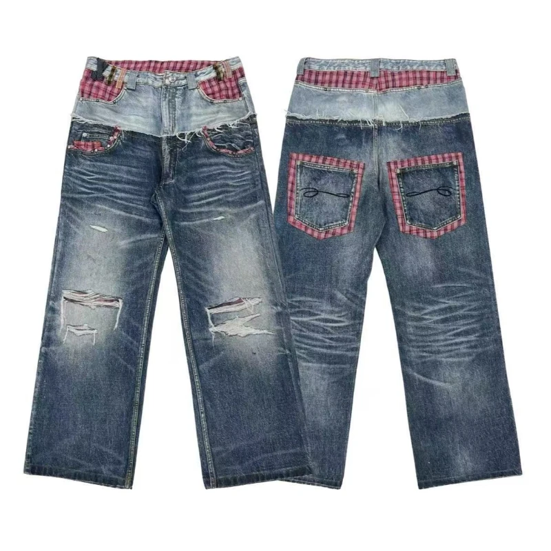 Mens Jeans American Vintage Plaid Patchwork Double Waist Print Denim Harajuku Unisex Loose Straight Wide Leg Streetwear Casual