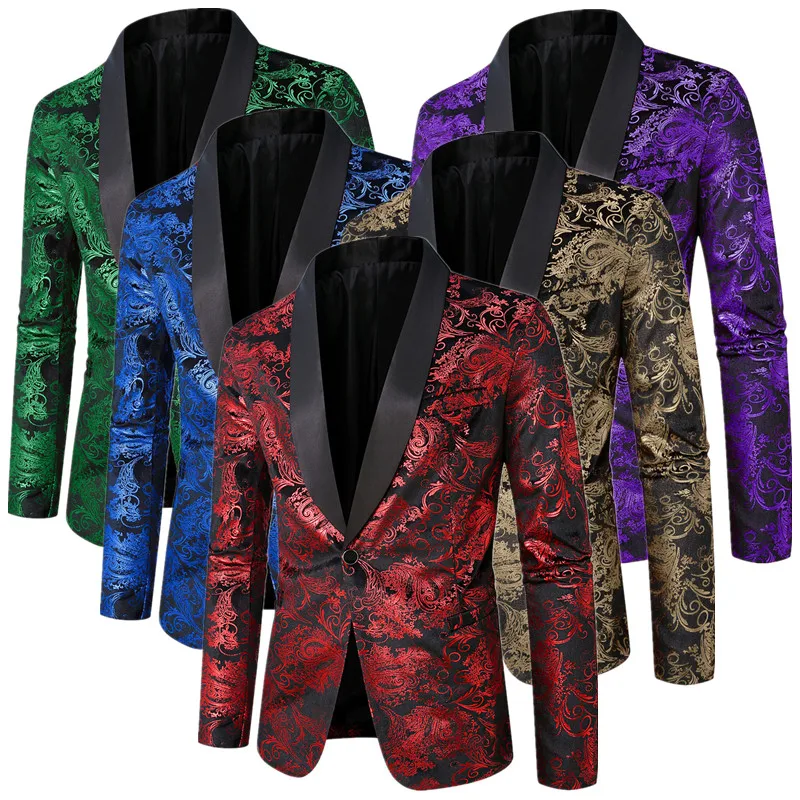 

New Men's Gold Velvet Hot Stamping Printed Suit Single Button Jacket Fashion Male Wedding Banquet Party Dress Floral Blazers