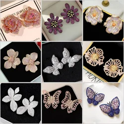 2023 Korean Women Large Flower Butterfly Rose Earings Jewelry Elegant Stud Earring with Shine Zircon Noble Wedding Party Earings