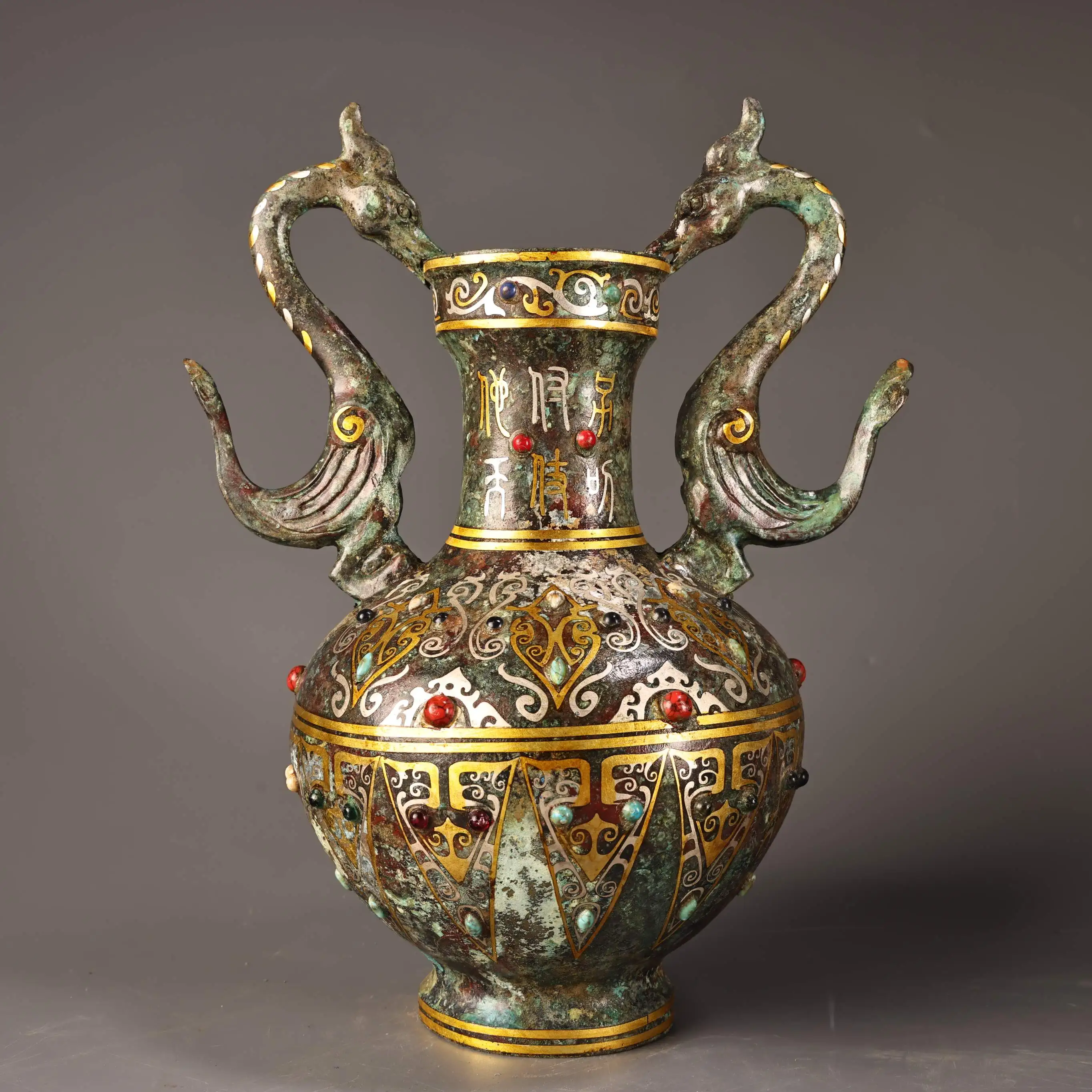 Very rare Qing Dynasty (QianLong1711-1799)Rare antique collection: Gilt-inlaid bronze phoenix-ear pot, vase,Free  shipping,