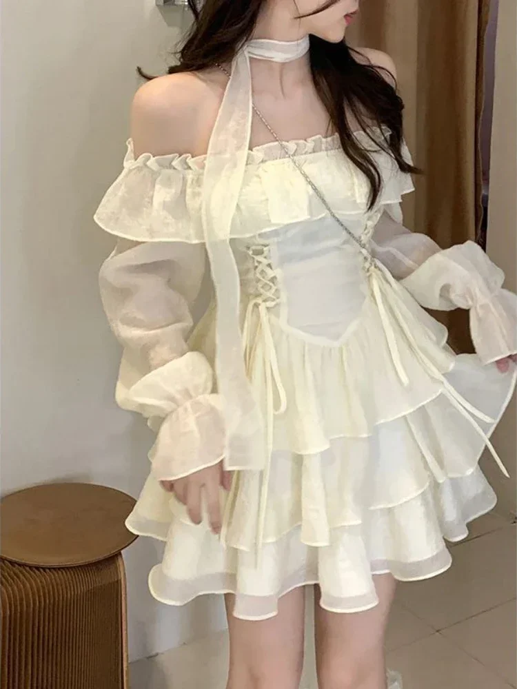 

Long Sleeve Elegant Mini Dress Lolita Pure Color Short Party Dress Woman Casual 2023 Spring Sweet One Piece Dress Korean Fashion