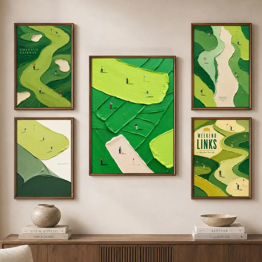Abstract Aerial Golf Course Fairways Green Landscape Design Poster Modern Aesthetic Wall Art for Home Bar Cafe Bathroom Decor