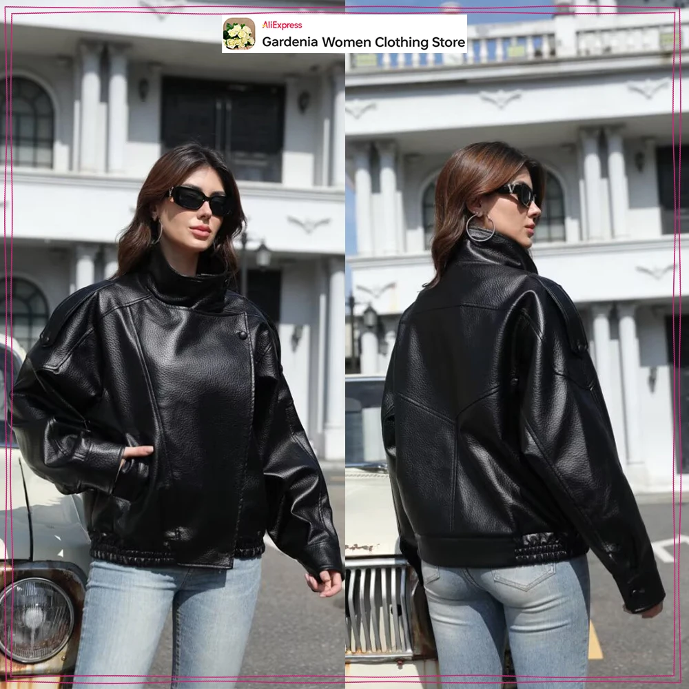 Women's Stylish High Collar and Long Sleeves Faux Leather Jackets Vintage Autumn High Street Zippered Outwear with Shoulder Tabs