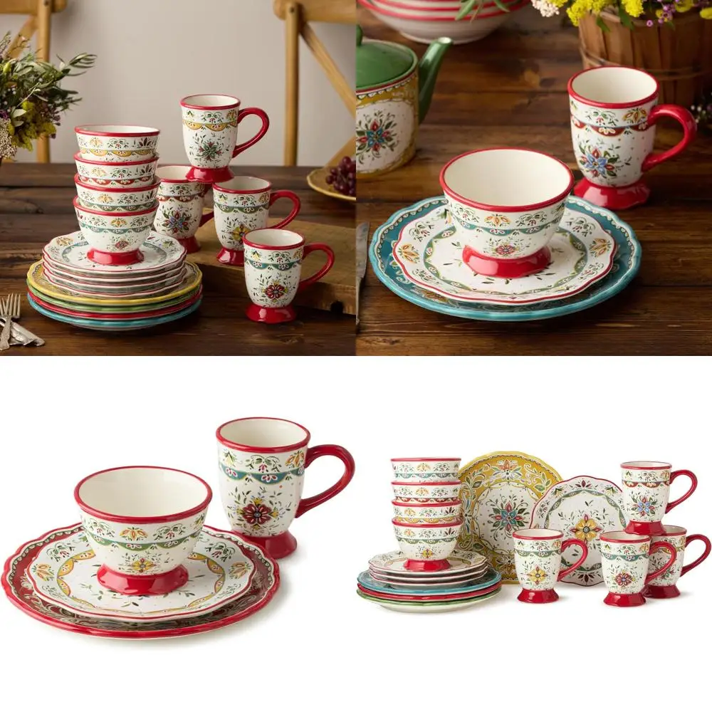 

French-Inspired 16-Piece Dinnerware Set for 4: Bold Florals, Rustic Reds, Footed Elegance for Everyday & Festive Dining