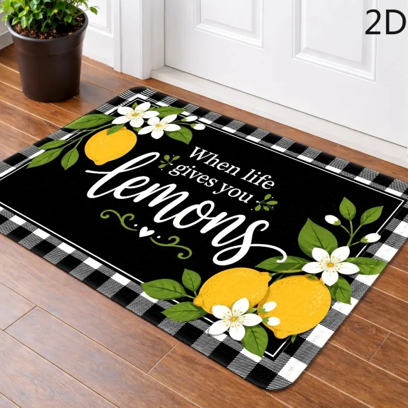 Lemon Quote Doormat Black Check Border Fruit Flower Inspirational Text Farmhouse Welcome Rug